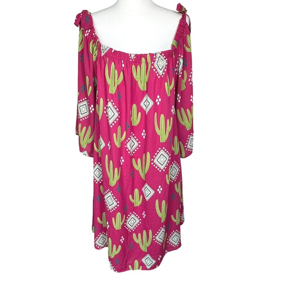 BERRY N CREAM Woman's XL Pink Cactus Print Oversized Midi Dress Western Cowgirl - Picture 1 of 8